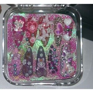 3 Sets Acrylic Gel Handmade Press Ons Girlie Painted Nails Gems/Glitter Size S!